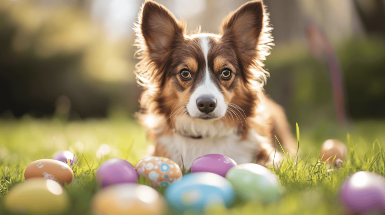 A brown and white dog rests on green grass, with painted Easter eggs scattered around. The eggs are dyed in bright colors and patterns. In the background, sunlight filters through trees, creating a soft glow.