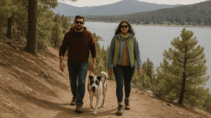 Two people walking a dog at Big Bear Lake