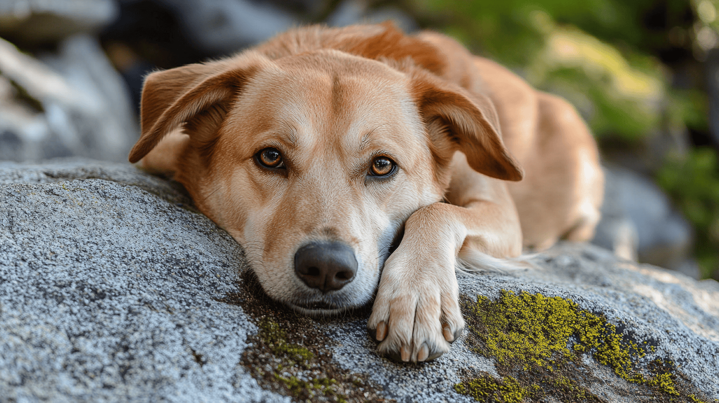 A light brown dog with white markings stretches out on a broad, moss-covered rock in Mariposa County. The dog rests its head and one front paw on the stone, gazing straight into the camera lens. Green moss patches cover sections of the rock's rough surface.