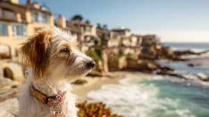 A scruffy, small dog stands alert on a rocky ledge above the coast. Below, houses cluster at the shoreline beside a stretch of pale sand. Dense green vegetation patches the slope, and gentle waves break under clear sunlight. This spot offers views and open space for dogs to explore.