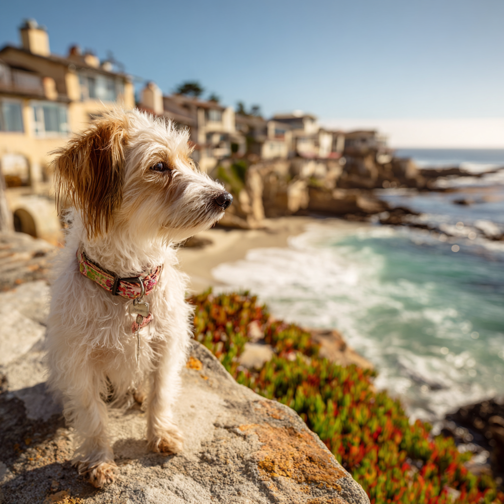 A scruffy, small dog stands alert on a rocky ledge above the coast. Below, houses cluster at the shoreline beside a stretch of pale sand. Dense green vegetation patches the slope, and gentle waves break under clear sunlight. This spot offers views and open space for dogs to explore.