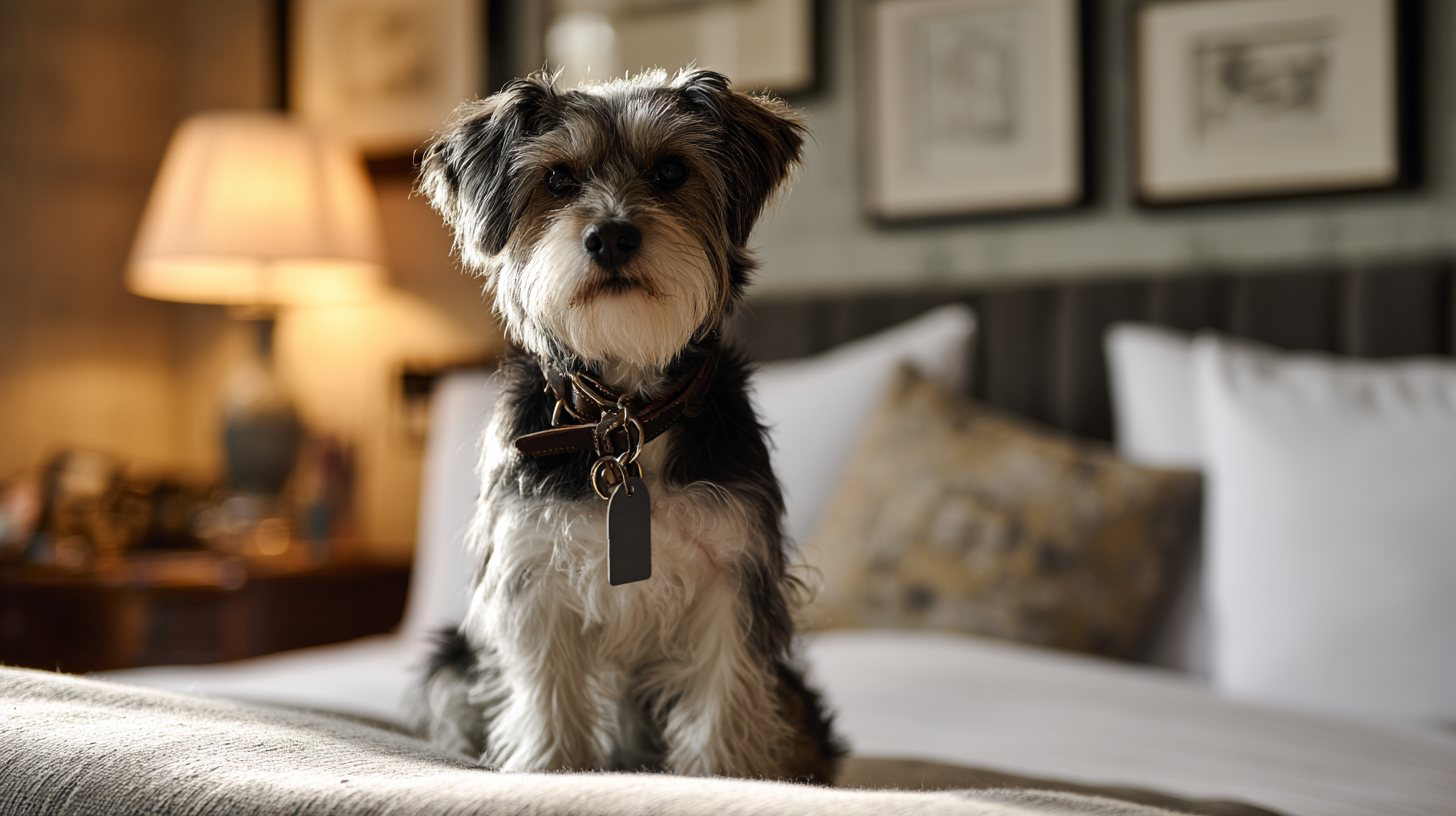 A small dog with black and gray fur sits on a neatly made bed. The dog wears a collar with tags. The room has a soft, warm light and is designed to accommodate dogs, featuring framed artwork on the wall and a lamp beside the bed.