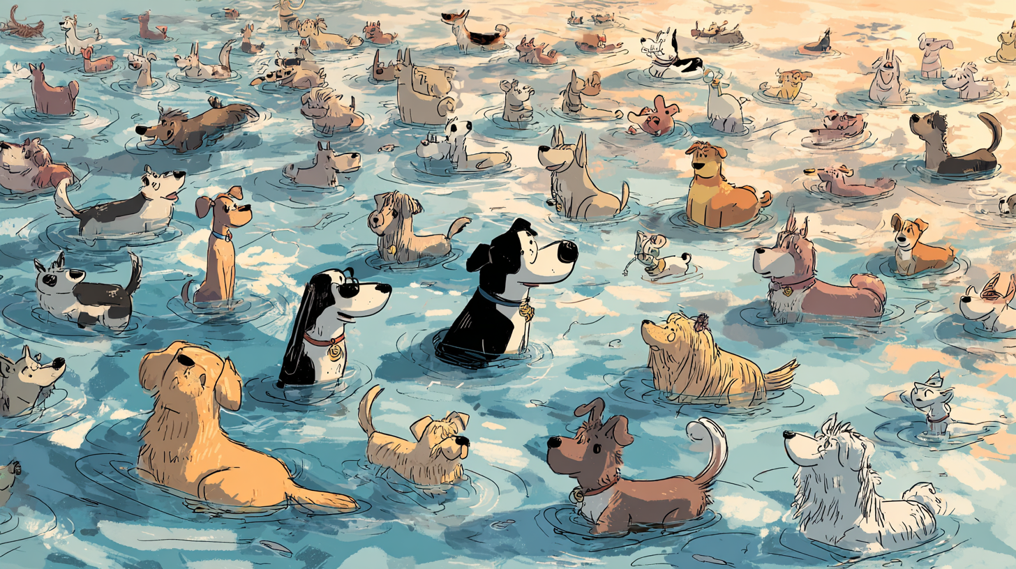 A variety of dog breeds stand and wade in shallow water under a cloudless sky. Some play in small groups, splashing among themselves, while others wander alone along the edges or venture further out. The scene reflects quiet coves and lesser-known beaches across California that welcome dogs to swim freely.