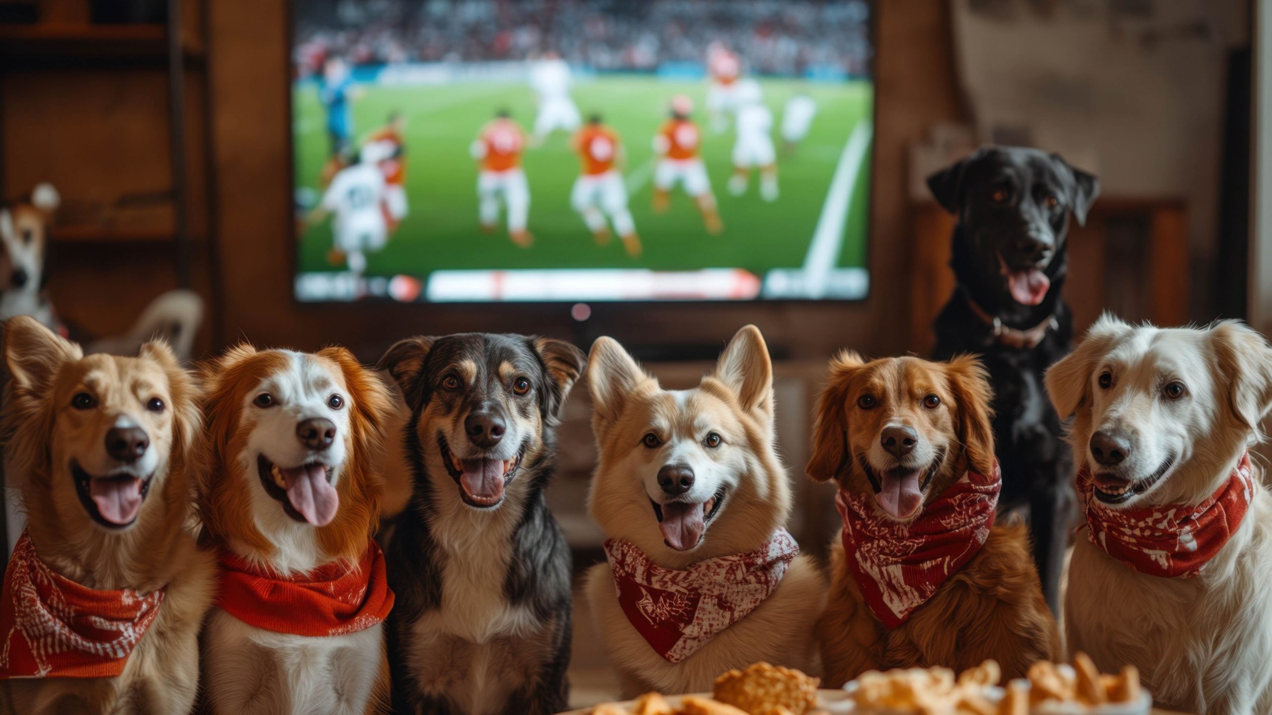 Dog with football screen behind