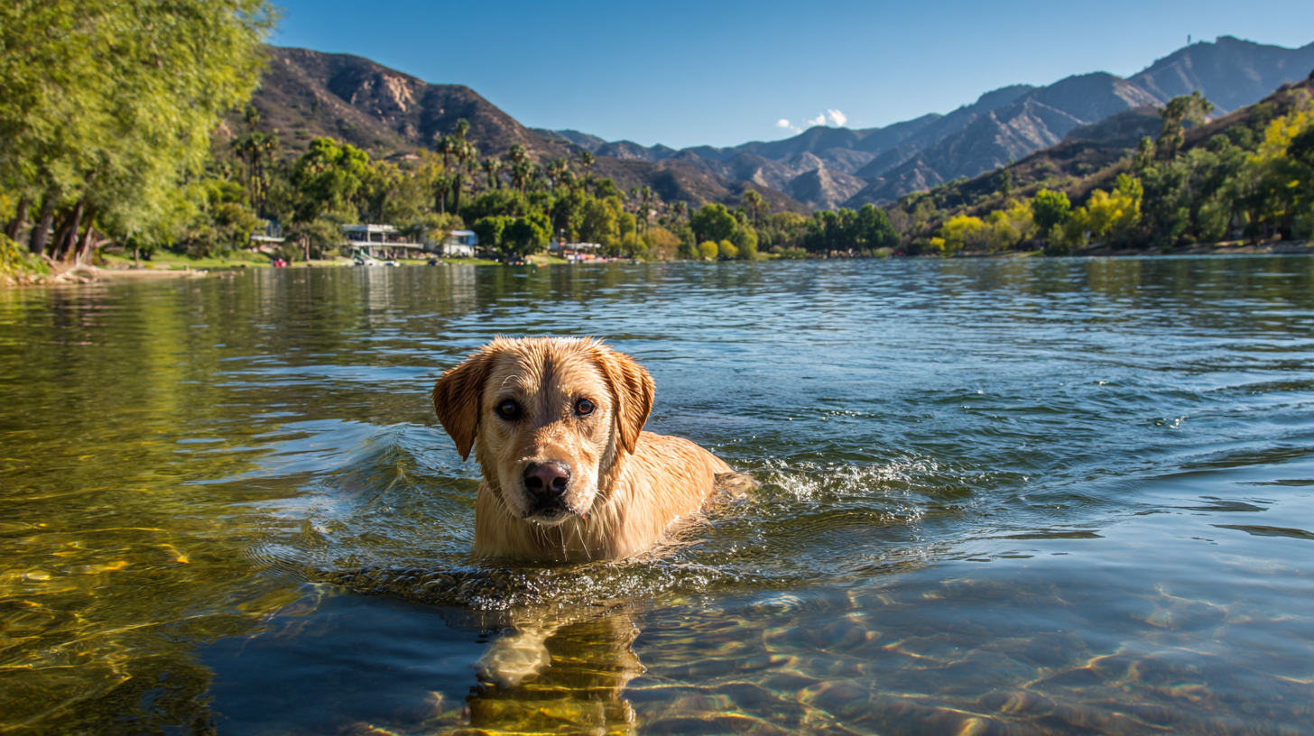 A golden retriever paddles through the cool, shallow water of a clear mountain lake. The shoreline is lined with tall pine trees, and rugged peaks rise in the distance beneath a bright blue sky. This Southern California lake allows dogs to swim off-leash, making it a popular spot for owners to play fetch and relax by the water with their pets.