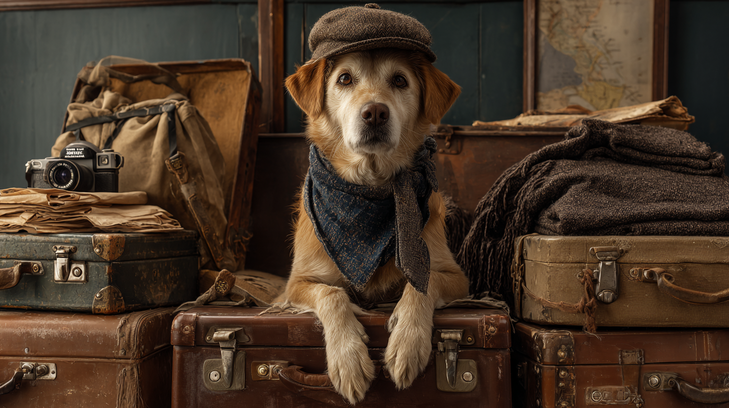 A dog sits among old suitcases and travel gear: a flat cap snug on its head, a scarf around its neck. Its front paws rest on a weathered suitcase beside scattered blankets, a folded map, yellowing papers, and an old camera—everything laid out as if mapping the route for your next trip with your dog through California.