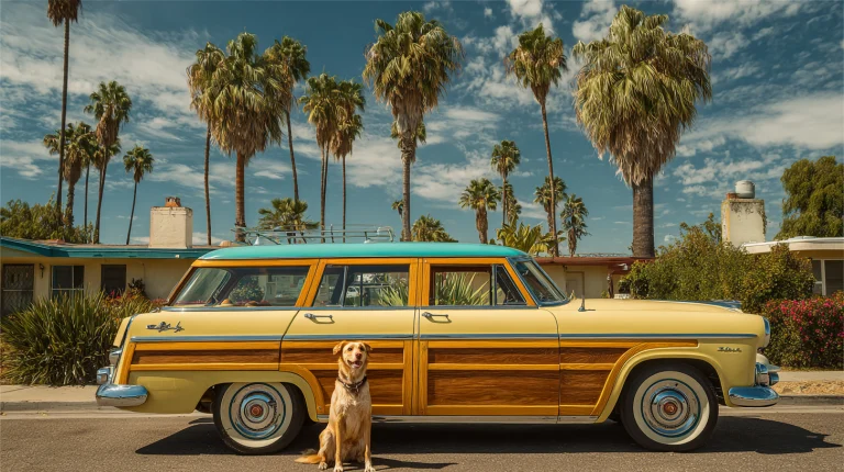 Bold photo retro 50s a woody station wagon a dog t