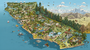This illustrated map of California highlights dog-friendly destinations across the state. The coastline features beaches where people and their dogs play in the surf and run along sandy stretches. Forests in the north show hikers with leashed pets on shaded trails beneath redwoods and pines. In the mountains, skiers navigate snowy slopes alongside dogs fitted with boots or jackets. Major landmarks such as the Golden Gate Bridge, Hollywood sign, Yosemite’s Half Dome, and Lake Tahoe are marked with small groups: travelers accompanied by their dogs exploring city parks or pausing at scenic lookouts. The map uses bold colors to distinguish natural regions—blue for ocean areas, green for forests, white for mountain peaks—and includes labeled icons indicating popular pet-friendly activities throughout California’s diverse landscape.