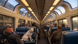 Passengers occupy blue fabric seats on the Capitol Corridor train, which allows dogs onboard. Sunlight falls across the carriage through oversized side windows and a curved glass roof above. Near the aisle, a white dog lies quietly by its owner’s feet as travelers look out at passing scenery.