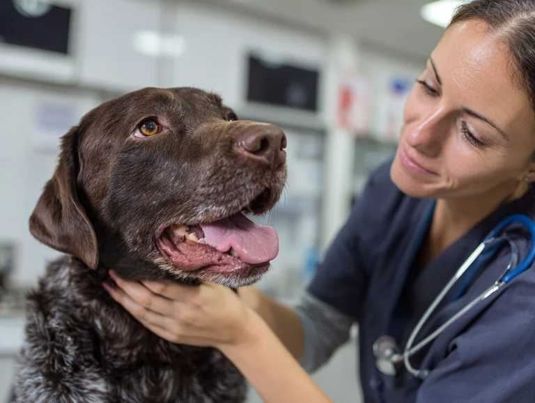 Vet checking a dogs open mouth looking fr red spot