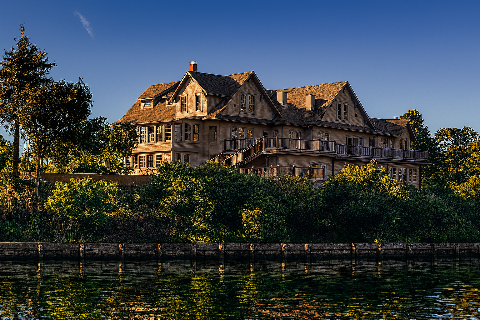 A large, multi-story house with beige siding and a wraparound deck stands among trees near Mendocino. The property borders a calm lake and features direct water access, open lawns, and walking paths suitable for dogs. Fenced sections of the yard provide safe play areas for pets. Dogs are welcome inside the house, which has wood floors and easy-clean surfaces throughout. Miles of hiking trails nearby offer additional options for outdoor exploration with your dog under clear skies.