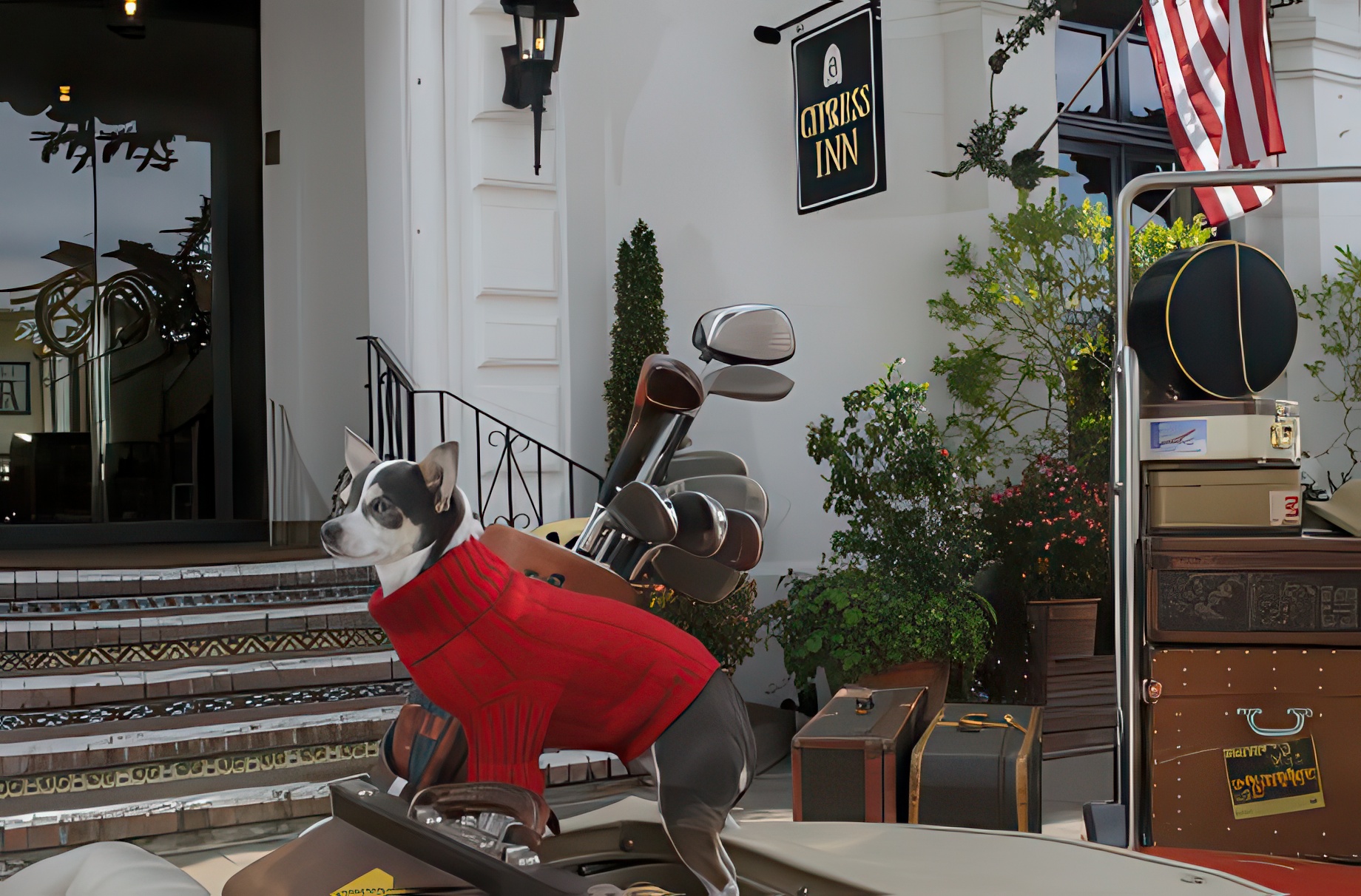 A small dog in a red sweater sits on the hood of a vintage car parked outside the Cypress Inn, a hotel in California that welcomes pets. Several suitcases and golf bags rest beside the car. An American flag hangs overhead.