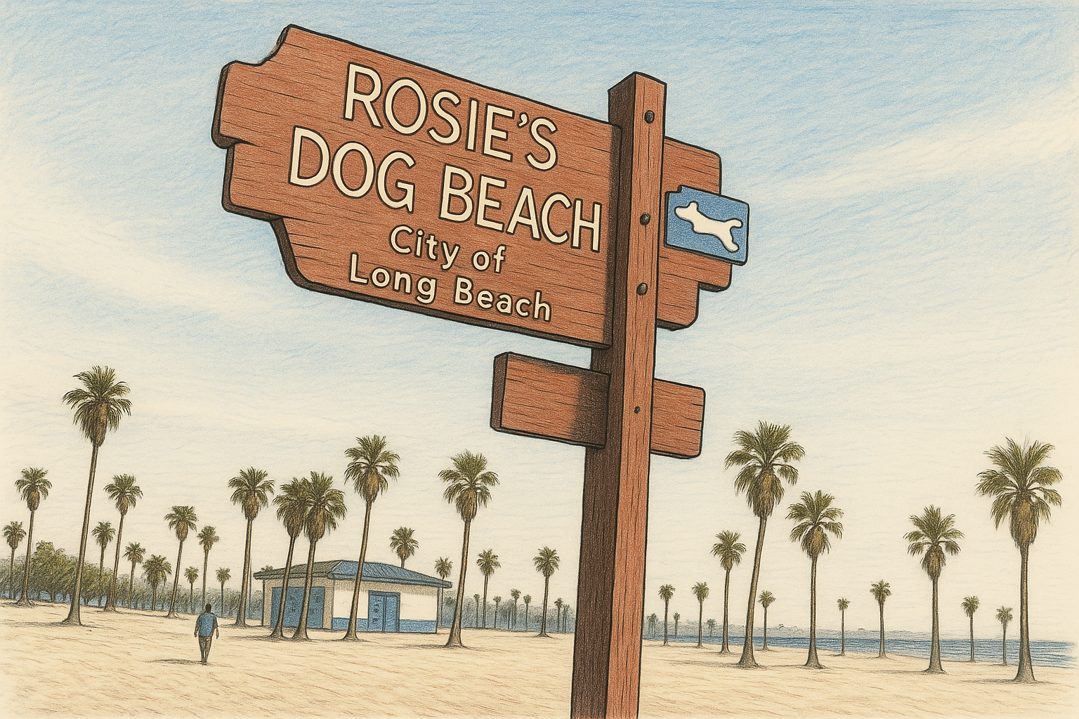 A wooden sign at the entrance reads "Rosie's Dog Beach, City of Long Beach" with a graphic of a dog. Tall palm trees stand along the edge of the sandy beach, and a small building is visible nearby. The beach occupies several acres next to Ocean Boulevard and provides an off-leash area where dogs can run and swim freely under an open sky.