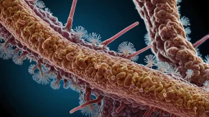 Leptospira bacteria showcasing its distinctive spiral morphology and complex surface structure.