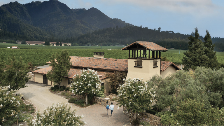 A vibrant dog park bathed in sunlight features abundant greenery with mature trees, offering ample shade for leisurely outdoor activities. In the distance is a well-equipped playground that presents an additional activity area. An inviting picnic table spreads out nearby, ideal for enjoying meals al fresco or taking relaxing breaks from play. A neatly-placed trash bin aids in maintaining the park's cleanliness for everyone's enjoyment. Dominating the scene is a generously wide dirt path gracefully curving through the expanse of grass, promising exploratory walks and lively fetch games.