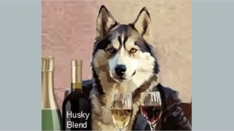 A husky in a suit sits at a table with two wine glasses and bottles labeled "Husky Blend," suggesting a themed wine tasting.
