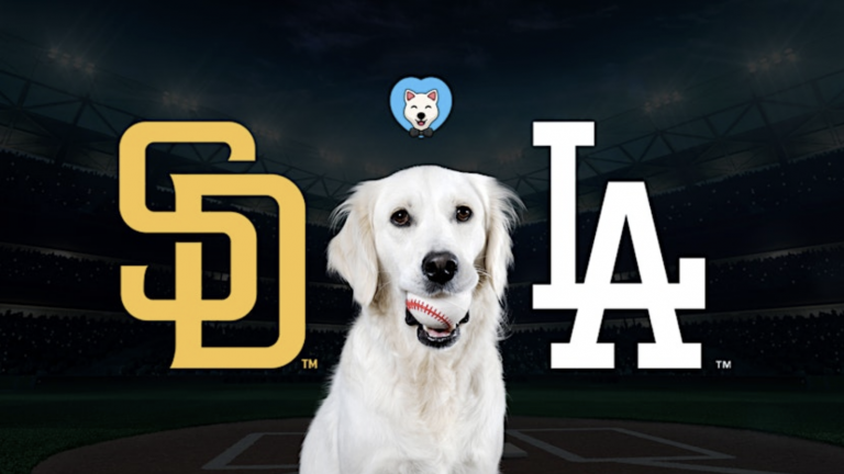 Golden retriever with baseball in mouth sits on field between Padres and Dodgers logos, showing dog-friendly Watch Party event.