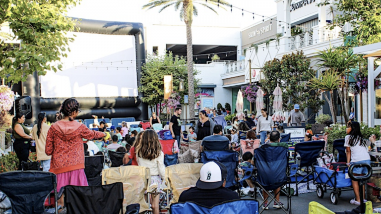 Families and kids in lawn chairs watch a Moonlight Movies event outside a shopping center; plenty of open space and pet-friendly.