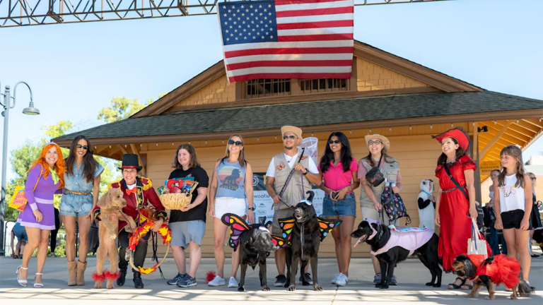 People and their dogs in colorful costumes line up at Pawtoberfest outside a building with an American flag, sunny weather.