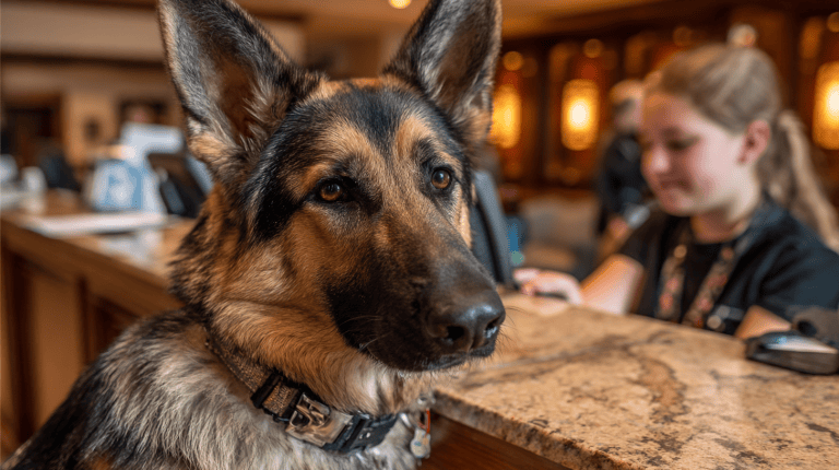 German Shepherd at a reception counter, collar visible; young girl behind desk in warmly lit lobby, suggesting a dog-friendly venue.