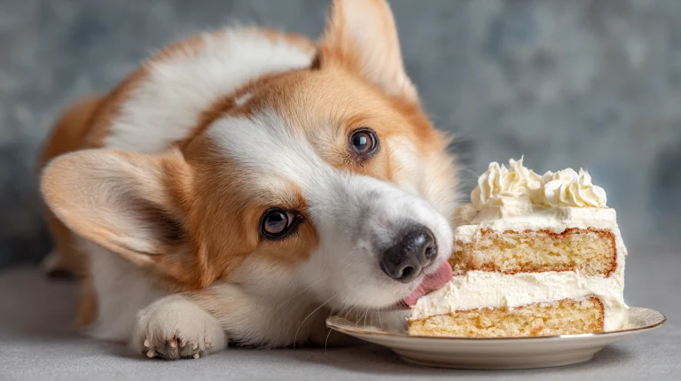 Cute fat dog eating cake. photo. --ar 169 --v 7