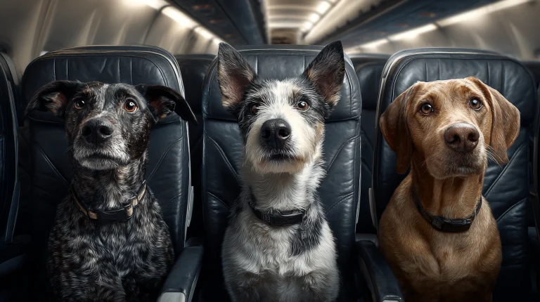 Three real dogs strapped into three airplace seats
