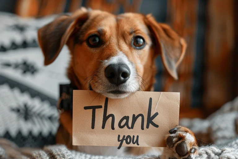 The text "Thank you" is used as a thank you sign. Adorable puppy holding a note of gratitude. Conveying appreciation, Generative AI.