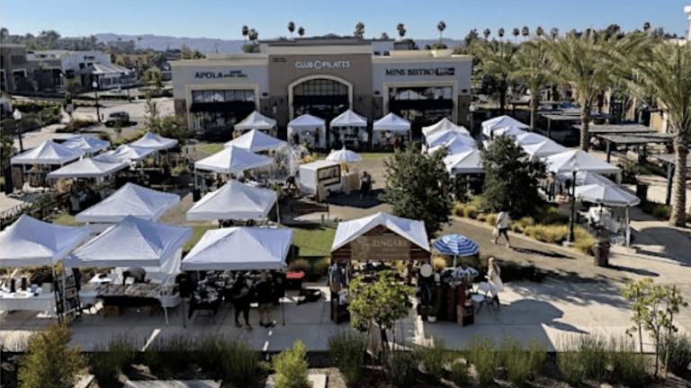 Dog-friendly outdoor market with white tents, located in front of a modern shopping center with palm trees, perfect for dog lovers seeking local vendors, crafts, and pet-friendly activities.