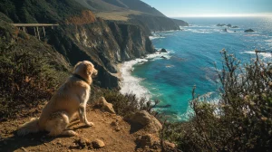 Dog sitting on a scenic coastal cliff, enjoying panoramic ocean views, perfect for outdoor dog trekking adventures and pet-friendly travel enthusiasts exploring nature's beauty.