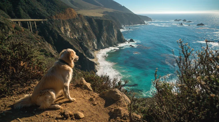 Dog sitting on a scenic coastal cliff, enjoying panoramic ocean views, perfect for outdoor dog trekking adventures and pet-friendly travel enthusiasts exploring nature's beauty.