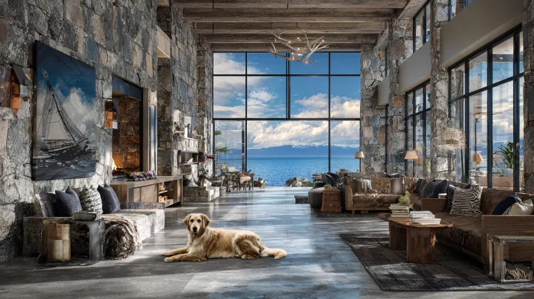Relaxing dog sitting inside a cozy mountain lodge with stunning ocean views and large glass windows, perfect for pet-friendly travel and outdoor adventures.