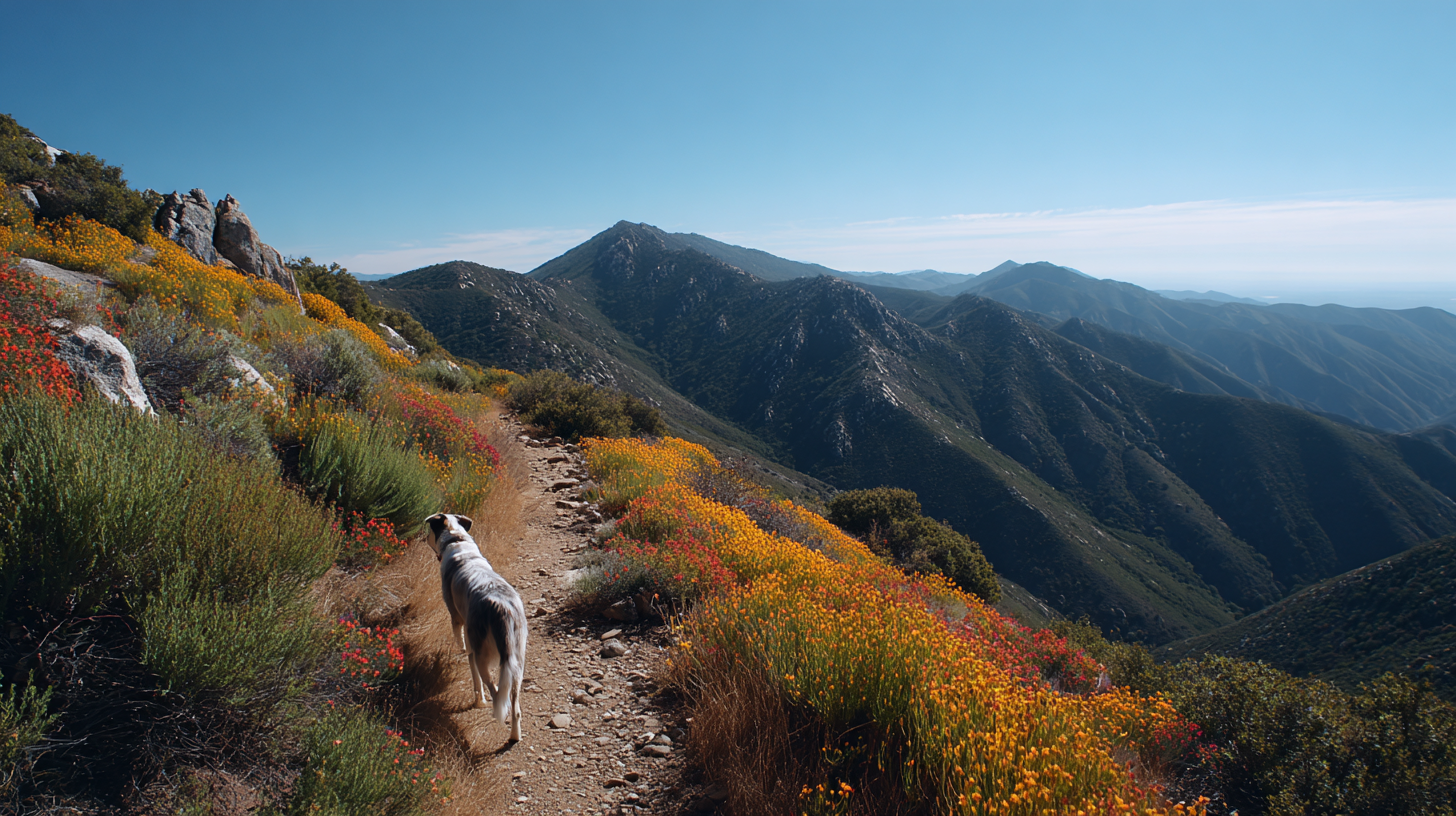 1. A dog walking along a mountain trail surrounded by colorful wildflowers with scenic mountain views during daytime.