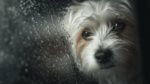 Sad dog peering through rain-streaked window, showcasing pet care and outdoor activity inspiration for dog lovers on DogTrekker.
