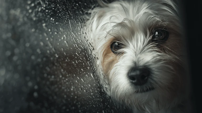 Sad dog peering through rain-streaked window, showcasing pet care and outdoor activity inspiration for dog lovers on DogTrekker.