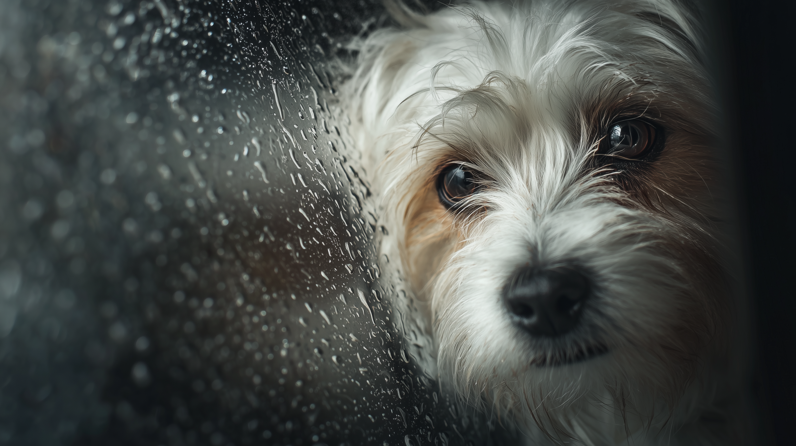 Cute dog with wet fur looking through rain-covered glass, emphasizing pet comfort and outdoor adventures on DogTrekker.