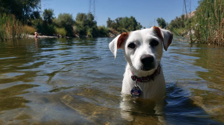 2. Cute white puppy wading in a river during an outdoor adventure, showcasing fun and safe pet travel experiences for dog lovers and outdoor enthusiasts.