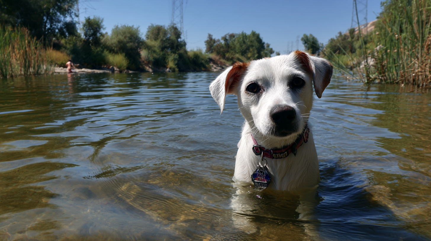 1. Adorable white puppy in a river with lush greenery, enjoying a fun outdoor dog adventure, perfect for dogtrekker outdoor activities and pet-friendly travel.