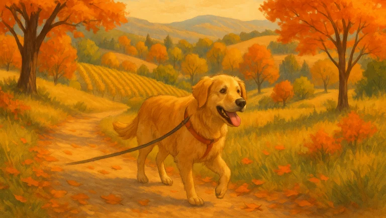 Golden retriever walking on a scenic autumn trail among colorful fall foliage and trees, capturing the beautiful outdoor adventure with your dog.