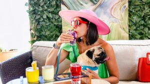 Dog and woman at brunch