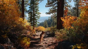Dog hike in the lake tahoe woods in fall --ar 169