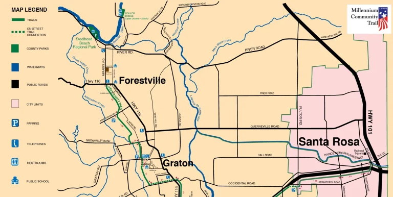 Map shows dog-friendly trails and parks in Santa Rosa, Forestville, and Graton; legend top left, trail logo top right.