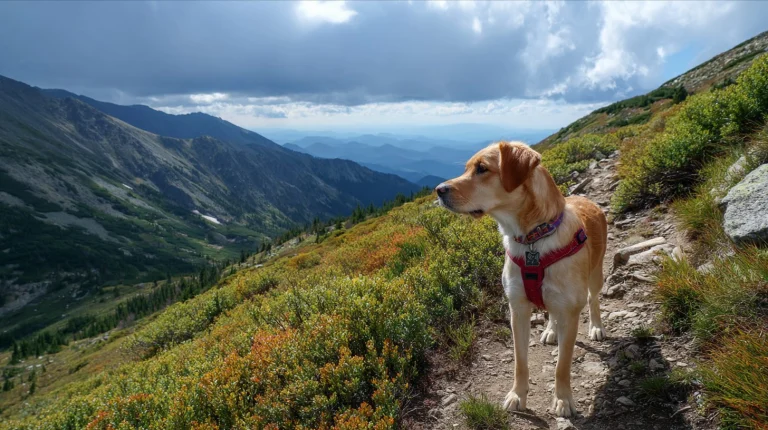 A tan and white dog in a red harness stands on a mountain trail with green shrubs, distant peaks, and a cloudy sky in view.