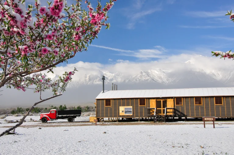The Block 14 Mess Hall in spring snow.