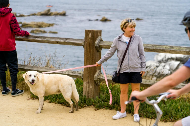 Woman with Labrador on a scenic coastal walk in Pacific Grove, California.