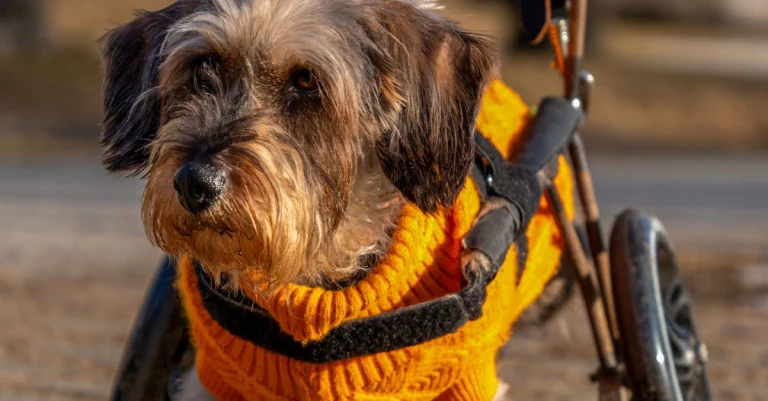Adorable dachshund in an orange sweater using a wheelchair outdoors. Showcasing resilience and pet care.