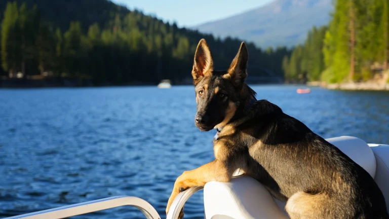 Siskiyou dog on a boat on the lake